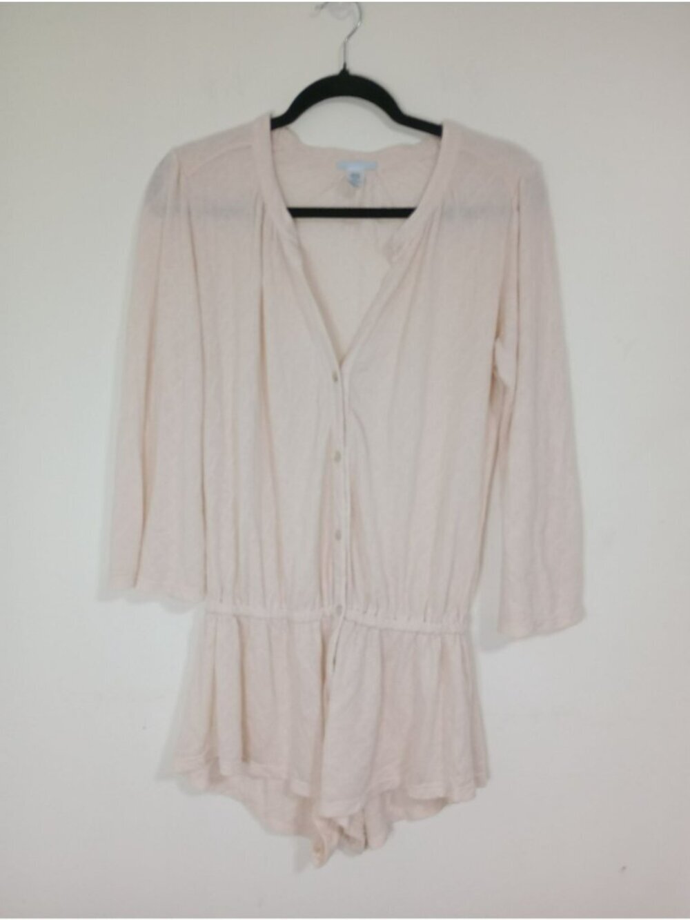 Eberjey Womens Beige Lace Long Sleeve Romper M/M Button-Front Knit Elastic Waist